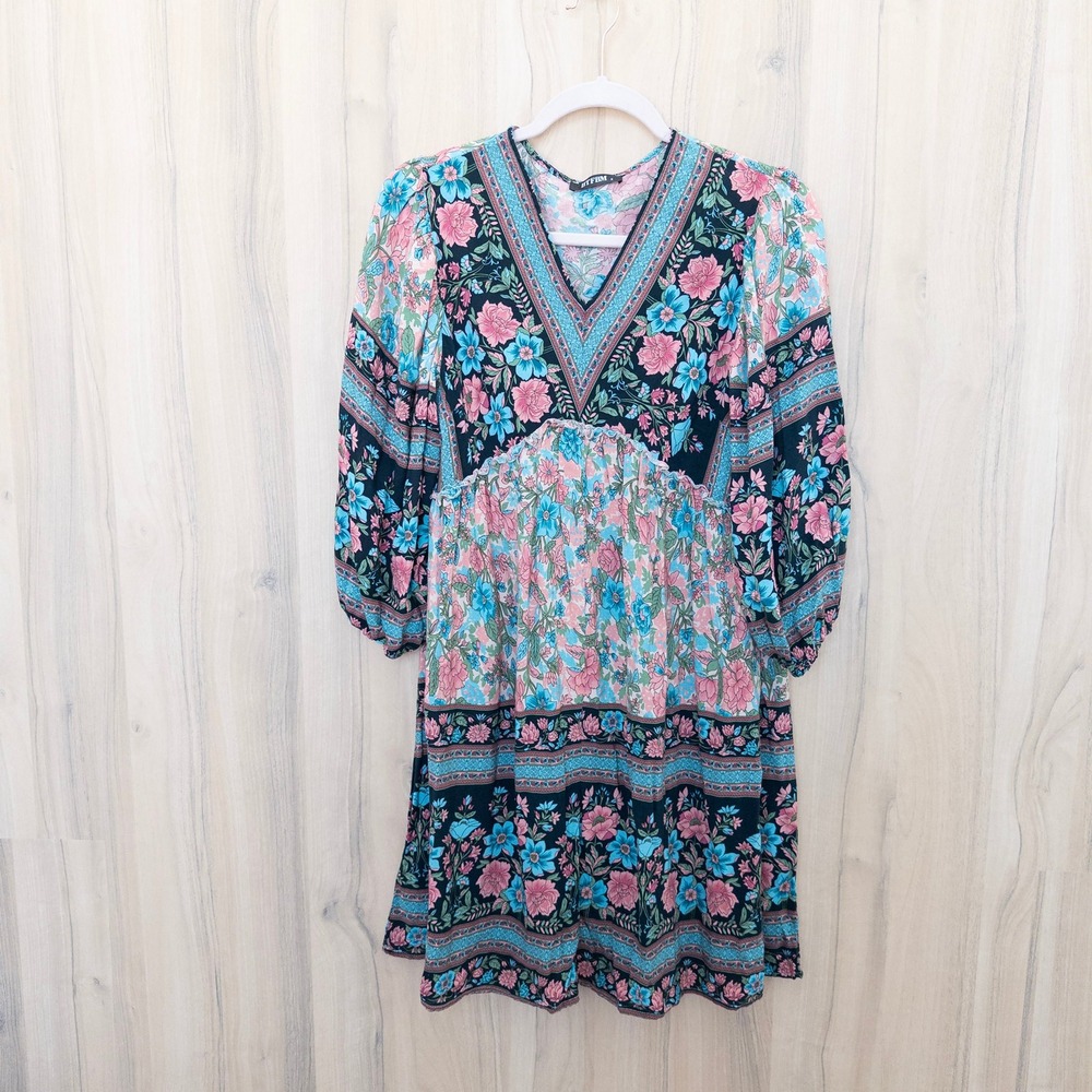 Womens Floral Boho Long Sleeve Dress S Blue Multicolor Cottage Hippie Festival